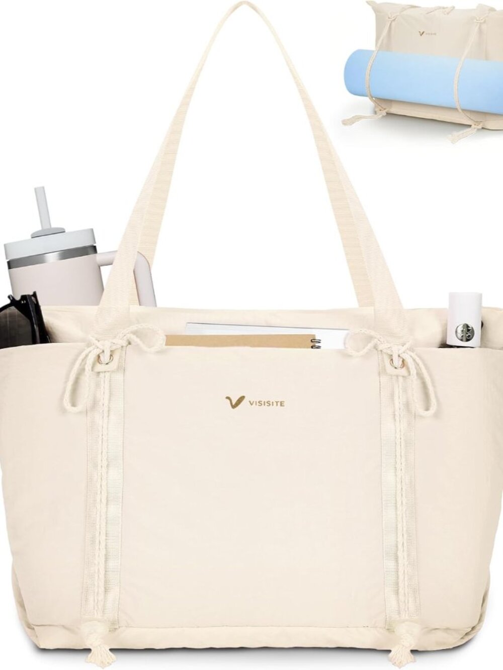 Nylon Puffer Tote Bag for Women, Pilates Bag with Yoga Mat Holder
